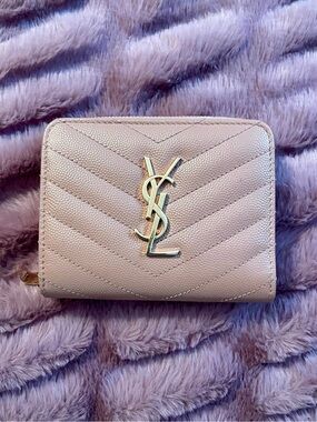 Saint Laurent Quilted Leather Zip Wallet in Pale Pink with Silver YSL